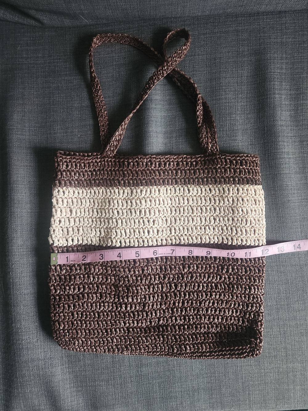 Handmade Raffia Brown and Cream Crochet Tote Bag - Picture 2 of 4